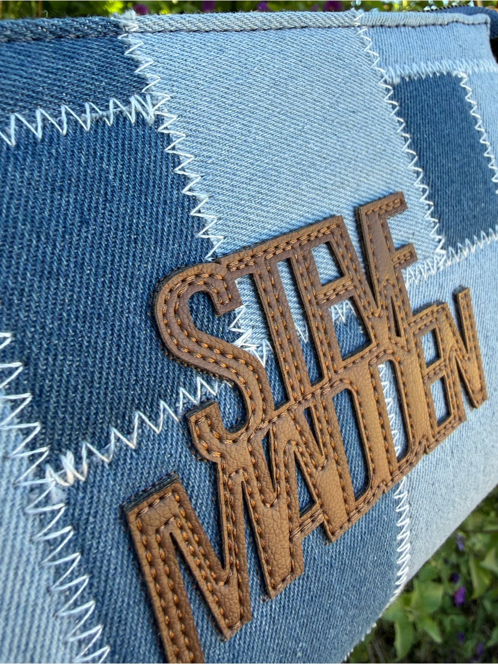 Steve Madden Denim Patch Blexi Crossbody - stitched patchwork denim panels - Picture 2 of 10
